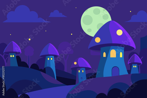 Moonlit Mushroom Village with Magical Glow