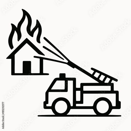 Firetruck spraying burning house