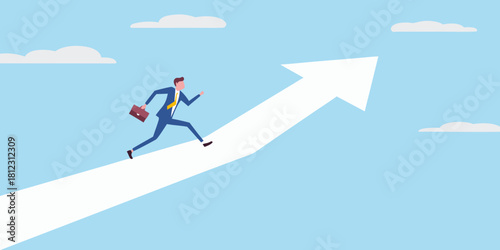 Businessman running upward on a white arrow path