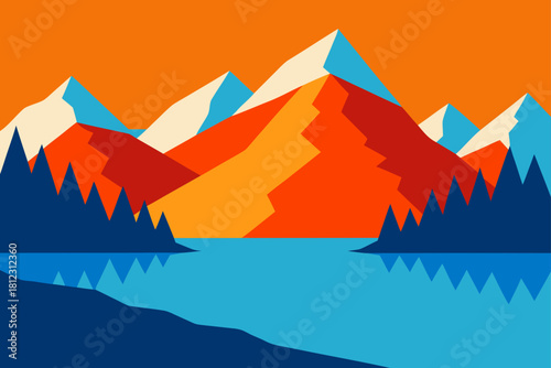 Retro Mountain Lake Travel Poster Inspired Scene