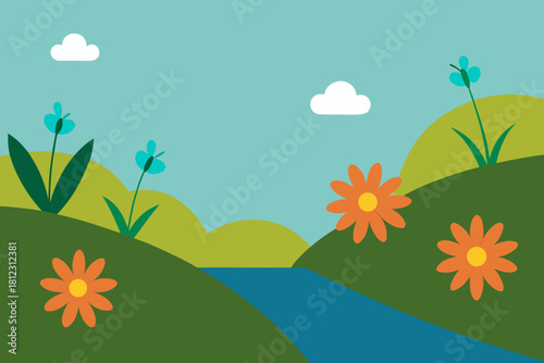 Wildflower Covered Riverbank With Dancing Dragonflies