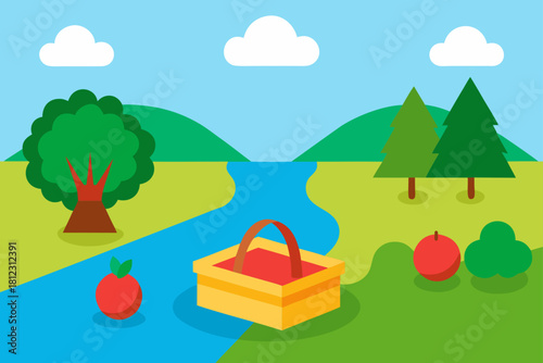 Colorful Riverside Picnic Spot With Rugs And Baskets