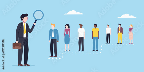 Businessman inspecting diverse group of people with magnifying glass