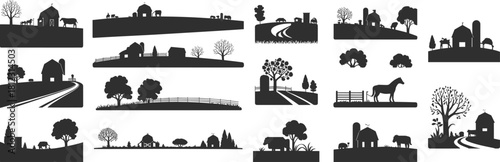Here are the title and keywords you requested for this collection of farm and rural landscape silhouettes, formatted for Adobe Stock.