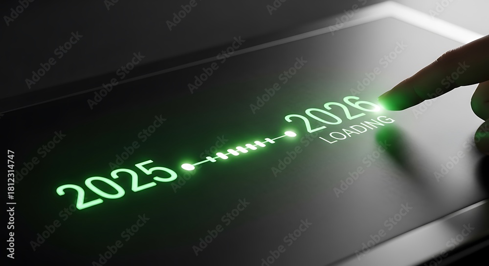 Fototapeta premium Finger touching glowing green 2026 loading bar on dark screen transitioning from 2025 progress bar