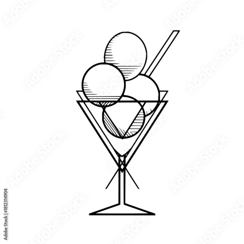 Black and white illustration of an ice cream sundae isolated on