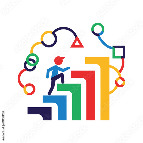 Person climbing colorful stairs representing growth and progress towards goals.