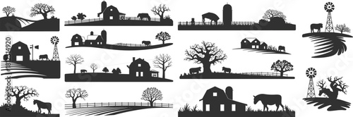 Large Vector Collection of Rural Farm and Agricultural Silhouettes including Barns, Silos, Windmills, Fences, Grazing Cattle, and Trees Illustration Set