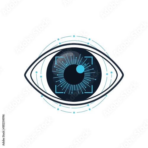 Stylized eye with digital scan lines and square target, representing biometric identification or security technology.