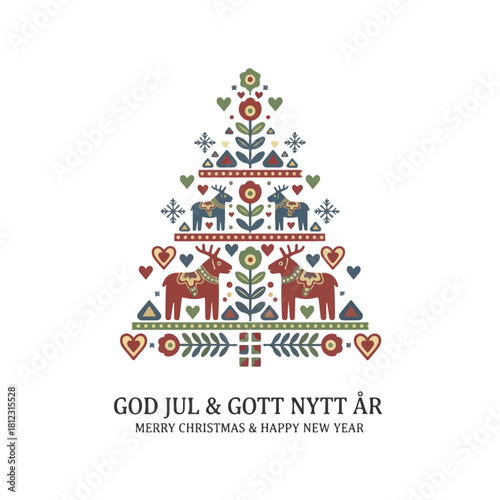 Scandinavian Folk Art Christmas Tree with Dala Horses - God Jul & Gott Nytt År Greeting Vector Illustration