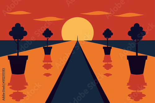 Sunset Reflecting on Wet Pavement with Floral Glow