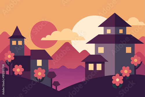 Anime Style Village At Sunset With Blooming Flowers