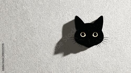 Minimalist black cat head silhouette with golden eyes casting a subtle shadow on a textured white background, abstract design concept.