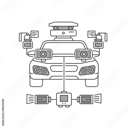Illustration of a self-driving car with sensors and cameras.