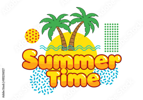 Tropical beach island illustration with palm tree, sun, and sea for your summer holiday banner design