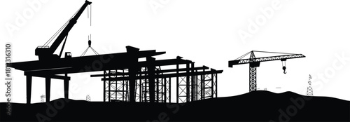 Silhouette Vector Illustration of Large Bridge Construction Site with Heavy Crane, Elevated Roadway, Scaffolding, and Tower Crane on Horizon