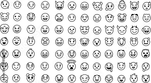 Collection of hand drawn emoticons, expressing a wide range of emotions from happiness to sadness, anger to confusion, and love to indifference, isolated on