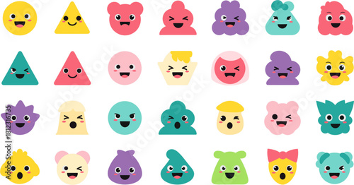 Collection of cute cartoon emoji faces isolated on, featuring a variety of expressions, including happy, sad, angry, and surprised for social media