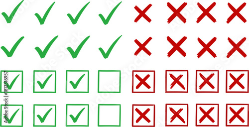 Rows of green check marks and red crosses, representing correct and incorrect answers, isolated on symbolizing choice, validation, and error