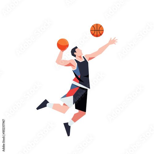 Basketball player in mid-air with two basketballs ready to shoot.