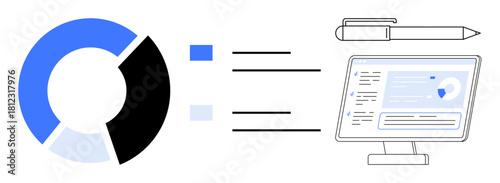 Circular chart, pen, and computer with detailed analytics interface. Ideal for business, analysis, reporting, planning, statistics research strategy. Simple flat metaphor