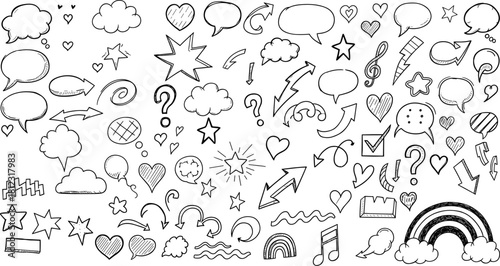 Hand drawn doodle elements vector set isolated on collection of cute sketchy speech bubbles, arrows, hearts, stars, clouds, rainbow and other symbols