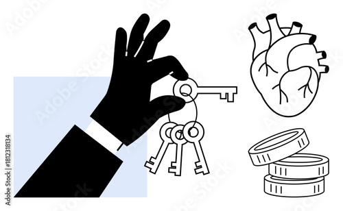Black-gloved hand holds keys next to a heart and coins, representing decision-making, values, health, finance, and opportunity. Ideal for success, priorities, balance solutions growth