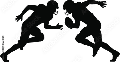 Vector Silhouette of Two American Football Players Charging, One with the Ball, Depicting an Intense Offensive and Defensive Play or Rivalry