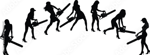 Vector Silhouettes of Seven Provocatively Posing Women Holding Chainsaws while Wearing High Heels, Representing Power, Danger, and Female Strength