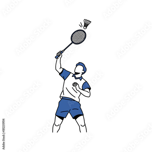 Dynamic male badminton player executing a powerful overhead smash shot.