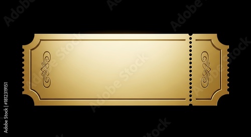 A golden ticket with intricate details and a classic design, perfect for events, raffles, or promotions on a black background
