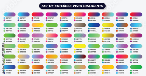 Set of editable vivid gradient color swatches for graphic design application