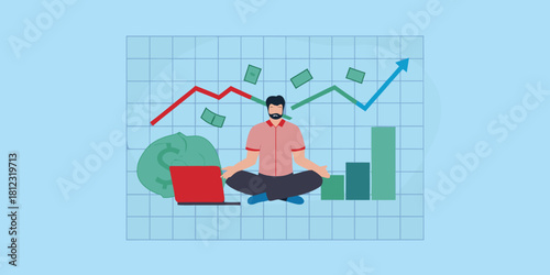 Calm investor meditating amidst financial growth and money