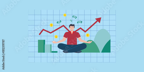 Man meditating amidst financial growth and data visualization