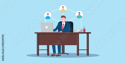 Businessman connecting with team members online from his desk