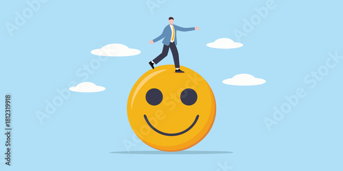 Businessman walking on a giant smiley face in the sky