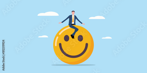 Businessman riding a giant smiley face in the sky