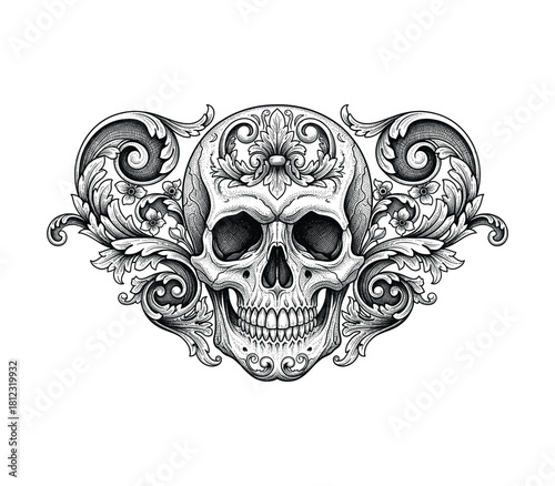 Ornate Skull Side Profile Vector Illustration in Vintage Engraving Style