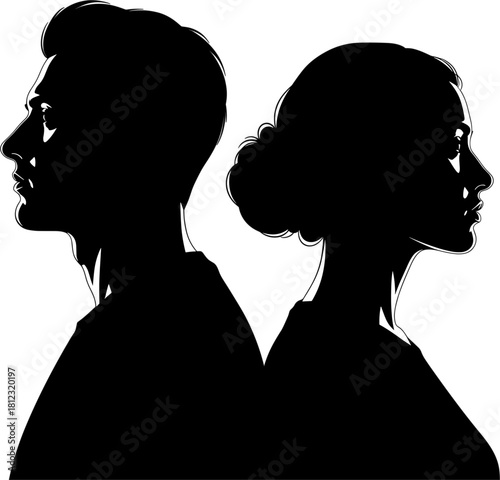 Striking silhouette of a man and woman facing away from each other, conveying themes of separation, conflict, or individual strength isolated on