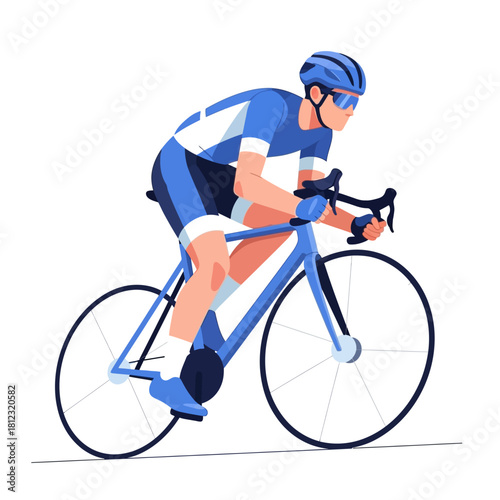 Cyclist in blue gear racing on a road bike with determination and focus.