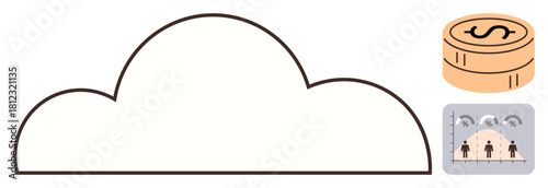 Cloud structure linked to financial growth represented by coins and user data analytics. Ideal for technology, business, finance, data analysis, digital transformation, innovation, simple flat