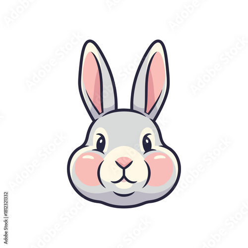 Cartoon illustration of a cute gray rabbit head with pink cheeks and long ears.