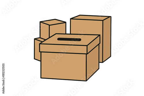 Brown cardboard moving storage containers and slotted donation box collection