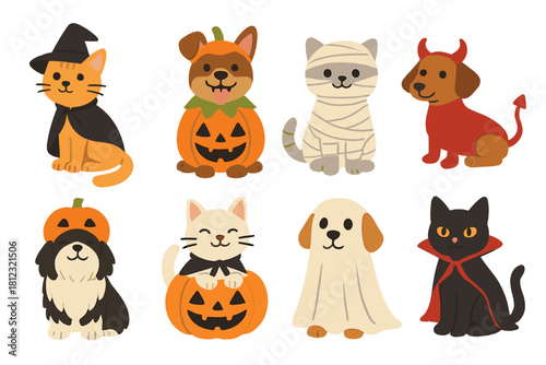 Cute cats and dogs dressed in Halloween costumes like witch, mummy, pumpkin, and vampire
