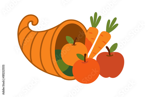 Traditional cornucopia filled with fresh apples and carrots symbolizing abundance and harvest season