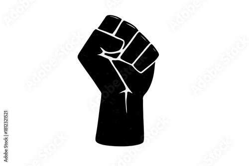 Black raised clenched fist symbol of power and solidarity on white background