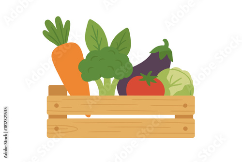Healthy organic vegetable assortment including carrots, broccoli, eggplant, tomato, and cabbage in a wooden box