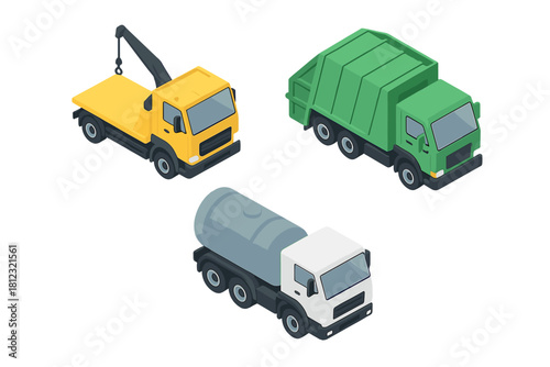 Isometric set of commercial transport vehicles: tow truck, garbage truck, and fuel tanker