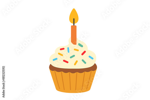 Birthday cupcake with creamy frosting, colorful sprinkles, and a single lit candle
