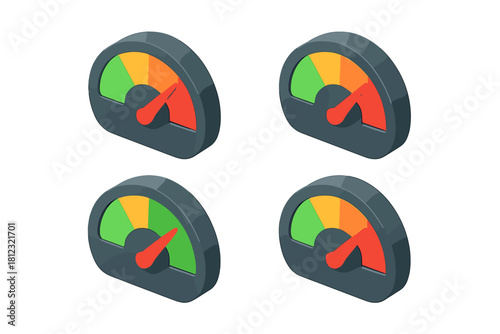 Four isometric gauges showing performance indicators with green, yellow, and red risk zones